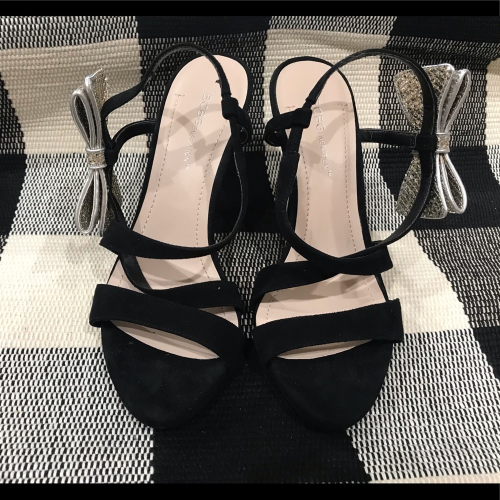 BCBG Generation black ankle strap heels with bow